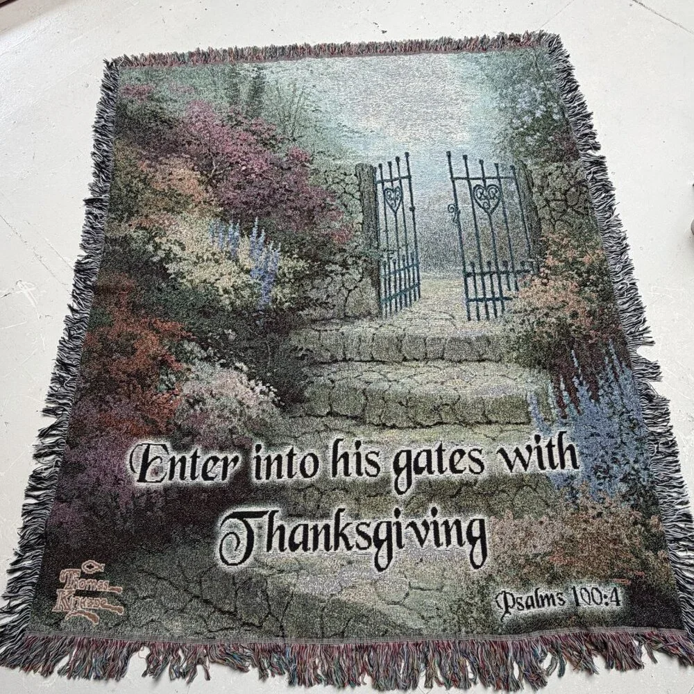 Thomas Kinkade Tapestry Wall Hanging Enter Gates Thanksgiving Bible Verse Psalms